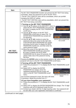 Page 7575
SECURITY menu
Item Description
MY TEXT 
PASSWORD
The MY TEXT PASSWORD function can prevent the MY TEXT from being 
overwritten. When the password is set for the MY TEXT;
• The MY TEXT DISPLAY menu will be unavailable, which can prohibit 
changing the DISPLAY setting.
• The MY TEXT WRITING menu will be unavailable, which can prevent the 
MY TEXT from being overwritten.
1 Turning on the MY TEXT PASSWORD
1-1  Use the ▲/▼ buttons on the SECURITY menu to 
select the MY TEXT PASSWORD and press the 
► button...