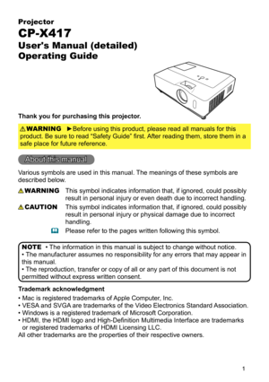 Page 1

Projector
CP-X417
User's Manual (detailed)  
Operating Guide
Thank you for purchasing this projector.
►Before using this product, please read all manuals for this 
product. Be sure to read “Safety Guide” first. After reading them, store them in a 
safe place for future reference.
WARNING
• The information in this manual is subject to change without notice.
• The manufacturer assumes no responsibility for any errors that may appear in 
this manual.
• The reproduction, transfer or copy of all or...