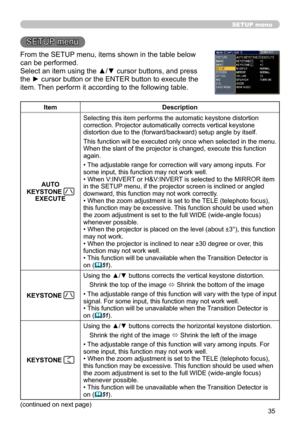 Page 35
35

SETUP menu
SETUP menu
From the SETUP menu, items shown in the table below 
can be performed.
Select an item using the ▲/▼ cursor buttons, and press 
the ► cursor button or the ENTER button to execute the 
item. Then perform it according to the following table.
ItemDescription
AUTO 
KEYSTONE EXECUTE
Selecting this item performs the automatic keystone distortion correction. Projector automatically corrects vertical keystone distortion due to the (forward/backward) setup angle by itself.
This function...