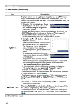 Page 40
40

SCREEN menu
SCREEN menu (continued)
ItemDescription
MyScreen
This item allows you to capture an image for use as a MyScreen image which can be used as the BLANK screen and START UP screen. Display the image you want to capture before executing the following procedure.
1.  Selecting this item displays a dialog 
titled “MyScreen”. It will ask you if you start capturing an image from the current screen.Please wait for the target image to be displayed, and press the ENTER button when the image is...