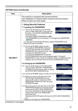 Page 47
47

OPTION menu
OPTION menu (continued)
ItemDescription
SECURITY
This projector is equipped with security functions.
User registration is required before using the security functions.
Please contact your local dealer.
1. Using Security Features
1.1 Inputting the PASSWORD
1.1-1  Use the ▲/▼ buttons on the OPTION menu to select SECURITY and press the ► button. The ENTER PASSWORD box will be displayed. The factory default PASSWORD is 8471. This PASSWORD can be changed (1.2 Changing the PASSWORD  (below))....