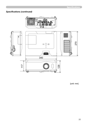 Page 77
77

Specifications
Specifications (continued)
[unit: mm]
340
12911
7
270 