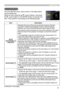 Page 35
35

SETUP menu
SETUP menu
From the SETUP menu, items shown in the table below 
can be performed.
Select an item using the ▲/▼ cursor buttons, and press 
the ► cursor button or the ENTER button to execute the 
item. Then perform it according to the following table.
ItemDescription
AUTO 
KEYSTONE EXECUTE
Selecting this item performs the automatic keystone distortion correction. Projector automatically corrects vertical keystone distortion due to the (forward/backward) setup angle by itself.
This function...