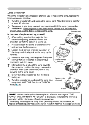 Page 45
45

Lamp (continued)

When the indicators or a message prompts you to replace the lamp, replace the 

lamp as soon as possible.

1. 
Turn the projector off, and unplug the power cord. Allow the lamp to cool for 

at least 45 minutes.

2. 
To prepare a new lamp, contact your dealer and tell the lamp type number 

= 
DT00691
.  
If the projector is mounted on the ceiling, or if the lamp has 
If the projector is mounted on the ceiling, or if the lamp has 

broken, also ask the dealer to replace the lamp...