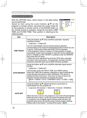 Page 38
38

Multifunctional settings
OPTION Menu
ItemDescription
ONE TOUCH
Using the buttons ▲/▼ turns on/off the automatic  keystone correction function.
TURN ON   TURN OFF
You can automatically correct vertical keystone distortion 
corresponding to the angle (forward/backward tilt) at which the unit is set up. This function works with  ONE TOUCH operation.• If the projection screen is inclined, or if the projector is angled downwards, it may not be possible to make the correct adjustment 
when V: INVERT or...