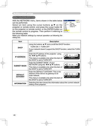 Page 40
40

Multifunctional settings
NETWORK Menu
ItemDescription
DHCP
Using the buttons ▲/▼ turns on/off the DHCP function.
TURN ON  TURN OFF
If your network doesn’t support the DHCP function, select the TURN 
OFF.
IP ADDRESS
Enter the IP address of the projector  using the ◄/►/▲/▼ buttons.
This menu is available only when the item of 
the DHCP is set to TURN OFF.
SUBNET MASK Enter the SUBNET MASK  of your NETWORK using the ◄/►/▲/▼ buttons.
This menu is available only when the item of 
the DHCP is set to TURN...