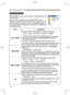Page 32
32

Multifunctional settings
INPUT Menu
ItemDescription
COLOR SPACE
Using the buttons ▲/▼ switches the mode for color space. 
AUTO 
 RGB  SMPTE240  REC709  REC601      
• This item can be selected only at a RGB signal or a component video signal (except signals of 525i(480i)/625i(576i) from the component video port).
•  The AUTO mode automatically selects the optimum mode. 
• The AUTO operation may not work well at some signals. In such a case, it might be good to select the SMPTE240 or the REC709....