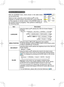 Page 35
35

Multifunctional settings
SCREEN Menu
ItemDescription
LANGUAGE
Using the buttons ▲/▼ switches the OSD (On Screen Display) language.
SUOMI  POLSKI  TÜRKÇE
ENGLISH  FRANÇAIS  DEUTSCH  ESPAÑOL  ITALIANO
NORSK  NEDERLANDS  PORTUGUÊS  日本語
                 SVENSKA 
MENU POSITIONUsing the buttons ◄/►/▲/▼ adjusts the menu position.
To quit the operation, press the MENU button on the remote control 
or keep no operation for 10 seconds.
OSD BRIGHT Using the buttons ▲/▼ switches the 
brightness...
