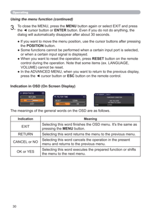 Page 3030
Using the menu function (continued)
3.To close the MENU, press the MENU button again or select EXIT and press 
the ◄ cursor button or ENTER button. Even if you do not do anything, the 
dialog will automatically disappear after about 30 seconds.
●  If you want to move the menu position, use the cursor buttons after pressing 
the POSITION button.
●  Some functions cannot be performed when a certain input port is selected, 
or when a certain input signal is displayed.
●  When you want to reset the...