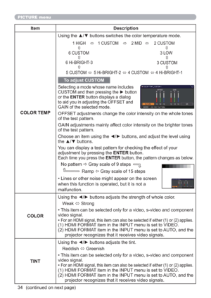 Page 3434
PICTURE menu
(continued on next page)
Item Description
COLOR TEMPUsing the ▲/▼ buttons switches the color temperature mode.
To adjust CUSTOM
Selecting a mode whose name includes 
CUSTOM and then pressing the ► button 
or the ENTER button displays a dialog 
to aid you in adjusting the OFFSET and 
GAIN of the selected mode.
OFFSET adjustments change the color intensity on the whole tones 
of the test pattern.
GAIN adjustments mainly affect color intensity on the brighter tones 
of the test pattern....