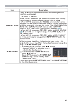 Page 4545
Item Description
STANDBY MODEUsing ▲/▼ buttons switches the standby mode setting between 
NORMAL and SAVING. 
NORMAL 
 SAVING
When SAVING is selected, the power consumption in the standby 
mode is lowered with some functional restriction as below:
• When SAVING is selected, the RS-232C communication control 
except to turn the projector on and the network function are disabled 
while the projector is in the standby mode. If the COMMUNICATION 
TYPE in the COMMUNICATION menu is set to NETWORK 
BRIDGE,...