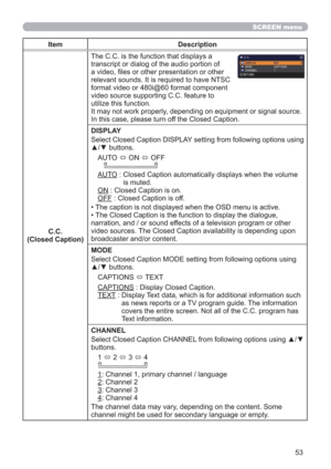 Page 5353
SCREEN menu
Item Description
C.C.
(Closed Caption)The C.C. is the function that displays a 
transcript or dialog of the audio portion of 
a video, ﬁles or other presentation or other 
relevant sounds. It is required to have NTSC 
format video or 480i@60 format component 
video source supporting C.C. feature to 
utilize this function.
It may not work properly, depending on equipment or signal source. 
In this case, please turn off the Closed Caption.
DISPLAY
Select Closed Caption DISPLAY setting from...