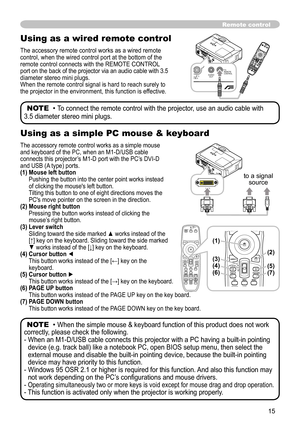 Page 15
5

Using as a wired remote control
The accessory remote control works as a wired remote control, when the wired control port at the bottom of the remote control connects with the REMOTE CONTROL port on the back of the projector via an audio cable with 3.5 diameter stereo mini plugs. When the remote control signal is hard to reach surely to the projector in the environment, this function is effective.
Remote control
NOTE  • To connect the remote control with the projector, use an audio cable with...