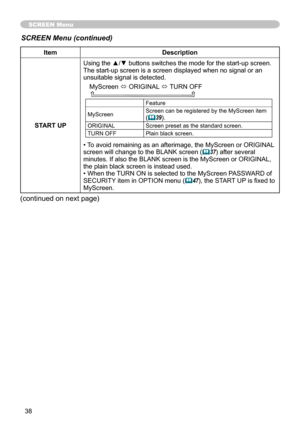 Page 38
38

SCREEN Menu
ItemDescription
START UP
Using the ▲/▼ buttons switches the mode for the start-up screen.The start-up screen is a screen displayed when no signal or an unsuitable signal is detected.
MyScreen ó ORIGINAL ó TURN OFF    
Feature
MyScreenScreen can be registered by the MyScreen item (39).
ORIGINALScreen preset as the standard screen.
TURN OFFPlain black screen.
• To avoid remaining as an afterimage, the MyScreen or ORIGINAL screen will change to the BLANK screen (37) after several minutes....