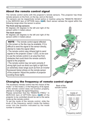 Page 1414
Changing the frequency of  remote control signal
The accessory remote control has the choice of the 
mode 1 or the mode 2, in the frequency of its signal. 
If the remote control does not function properly, 
attempt to change the signal frequency.
Please remember that the “REMOTE FREQ.” in 
SERVICE item of OPTION menu (
	46) of the 
projector to be controlled should be set to the same 
mode as the remote control.
To set the mode of the remote control, slide the 
knob of the frequency switch inside the...