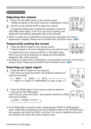 Page 1717
Operating
Operating
Adjusting the volume
1.Press the VOLUME button on the remote control.
A dialog will appear on the screen to aid you in adjusting the volume.
2.8VHWKHFXUVRUEXWWRQVxzWRDGMXVWWKHYROXPH
To close the dialog and complete the operation, press the 
VOLUME button again. Even if you do not do anything, the 
dialog will automatically disappear after a few seconds.
WKHYROXPH
adjustment is disable. Please see the AUDIO item of AUDIO menu. 
(	37)
Temporarily muting the sound...