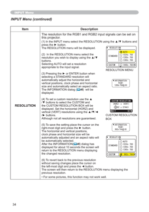 Page 3434
INPUT Menu
Item Description
RESOLUTIONThe resolution for the RGB1 and RGB2 input signals can be set on 
this projector.
,QWKH,1387PHQXVHOHFWWKH5(62/87,21XVLQJWKHxzEXWWRQVDQG
SUHVVWKHyEXWWRQ
The RESOLUTION menu will be displayed.
(2)  In the RESOLUTION menu select the 
UHVROXWLRQ\RXZLVKWRGLVSOD\XVLQJWKHxz
buttons.
Selecting AUTO will set a resolution 
appropriate to the input signal.
3UHVVLQJWKHyRU(17(5EXWWRQZKHQ
selecting a STANDARD resolution will...