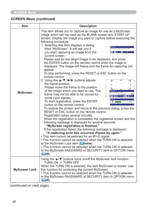 Page 4040
SCREEN Menu
Item Description
MyScreenThis item allows you to capture an image for use as a MyScreen 
image which can be used as the BLANK screen and START UP 
screen. Display the image you want to capture before executing the 
following procedure.
1. Selecting this item displays a dialog 
titled “MyScreen”. It will ask you if 
you start capturing an image from the 
current screen.
Please wait for the target image to be displayed, and press 
the ENTER button on the remote control when the image is...