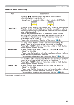 Page 4343
Item Description
AUTO OFF8VLQJWKHxzEXWWRQVDGMXVWVWKHWLPHWRFRXQWGRZQWR
automatically turn the projector off.
Long (max. 99 minutes) 
Ù Short (min. 0 minute = DISABLE)
AUTO OFF
ENABLE
1AUTO OFF
DISABLE
0
When the time is set to 0, the projector is not turned off automatically.
When the time is set to 1 to 99, and when the passed time with no-
signal or an unsuitable signal reaches at the set time, the projector 
lamp will be turned off. 
If one of the projector's buttons or the remote...