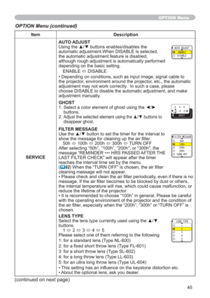 Page 4545
Item Description
SERVICEAUTO ADJUST
8VLQJWKHxzEXWWRQVHQDEOHVGLVDEOHVWKH
automatic adjustment.When DISABLE is selected, 
the automatic adjustment feature is disabled, 
although rough adjustment is automatically performed 
depending on the basic setting.
ENABLE
Ù DISABLE
• Depending on conditions, such as input image, signal cable to 
the projector, environment around the projector, etc., the automatic 
adjustment may not work correctly.  In such a case, please 
choose DISABLE to disable the...