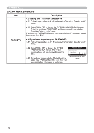 Page 5252
Item Description
SECURITY4.3 Setting the Transition Detector off
4.3-1 Follow the procedure in 4.1-1 to display the Transition Detector on/off 
menu.
4.3-2 Select TURN OFF to display the ENTER PASSWORD BOX (large). 
Enter the registered PASSWORD and the screen will return to the 
Transition Detector on/off menu.
If an incorrect PASSWORD is input the menu will close. If necessary repeat 
the process from 4.3-1.
4.4 If you have forgotten your PASSWORD
4.4-1 Follow the procedure in 4.1-1 to display the...