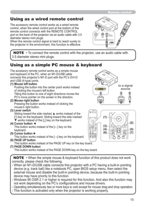 Page 1515
Using as a wired remote control
The accessory remote control works as a wired remote 
control, when the wired control port at the bottom of the 
remote control connects with the REMOTE CONTROL 
port on the back of the projector via an audio cable with 3.5 
diameter stereo mini plugs. 
When the remote control signal is hard to reach surely to 
the projector in the environment, this function is effective.
Remote control
NOTE  • To connect the remote control with the projector, use an audio cable with...