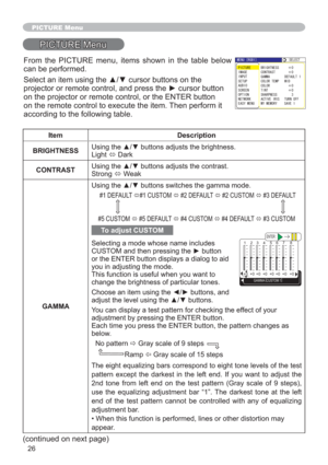 Page 2626
PICTURE Menu
PICTURE Menu
Item Description
BRIGHTNESS8VLQJWKHxzEXWWRQVDGMXVWVWKHEULJKWQHVV
Light
Ù Dark
CONTRAST8VLQJWKHxzEXWWRQVDGMXVWVWKHFRQWUDVW
Strong
Ù Weak
GAMMA8VLQJWKHxzEXWWRQVVZLWFKHVWKHJDPPDPRGH
 #1 DEFAULT 
Ù#1 CUSTOM 
Ù #2 DEFAULT 
Ù #2 CUSTOM 
Ù #3 DEFAULT 
#5 CUSTOM 
Ù #5 DEFAULT 
Ù #4 CUSTOM 
Ù #4 DEFAULT 
Ù #3 CUSTOM
To adjust CUSTOM
Selecting a mode whose name includes 
&86720DQGWKHQSUHVVLQJWKHyEXWWRQ
or the ENTER button displays a dialog to aid...