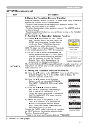 Page 5151
Item Description
SECURITY
4. Using the Transition Detector Function
While the Transition Detector function is ON, when power switch is started to 
supply to the projector, it might react as below.
• Transition Detector alarm shown below might appear on screen, if the 
projector has been moved or re-installed.
• Transition Detector alarm might appear on screen, if the MIRROR setting 
has been changed.
• Keystone adjustment feature has been prohibited as long as the Transition 
Detector function is ON....