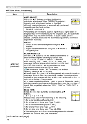 Page 46
46

ItemDescription
SERVICE(continued)
AUTO ADJUSTUsing the ▲/▼ buttons enables/disables the automatic adjustment.When DISABLE is selected, the automatic adjustment feature is disabled, although rough adjustment is automatically performed depending on the basic setting.
ENABLE ó DISABLE
• Depending on conditions, such as input image, signal cable to the projector, environment around the projector, etc., the automatic adjustment may not work correctly.  In such a case, please choose DISABLE to disable...