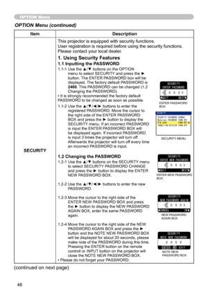 Page 48
48

ItemDescription
SECURITY
This projector is equipped with security functions.User registration is required before using the security functions.Please contact your local dealer.
1. Using Security Features
1.1 Inputting the PASSWORD
1.1-1  Use the ▲/▼ buttons on the OPTION menu to select SECURITY and press the ► button. The ENTER PASSWORD box will be displayed. The factory default PASSWORD is 2400. This PASSWORD can be changed (. Changing the PASSWORD). • It is strongly recommended the...