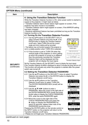 Page 52
5

ItemDescription
SECURITY(continued)
4. Using the Transition Detector Function
While the Transition Detector function is ON, when power switch is started to supply to the projector, it might react as below.• Transition Detector alarm shown below might appear on screen, if the projector has been moved or re-installed.• Transition Detector alarm might appear on screen, if the MIRROR setting has been changed.• Keystone adjustment feature has been prohibited as long as the Transition Detector...