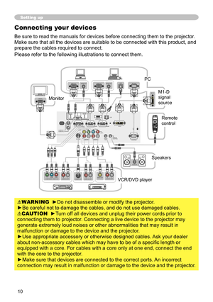 Page 10
0

Setting up
Connecting your devices
Be sure to read the manuals for devices before connecting them to the pr\
ojector. 
Make sure that all the devices are suitable to be connected with this pr\
oduct, and 
prepare the cables required to connect.
Please refer to the following illustrations to connect them.
WARNING  ►Do not disassemble or modify the projector.
►Be careful not to damage the cables, and do not use damaged cables.
CAUTION  ►Turn off all devices and unplug their power cords prior to...