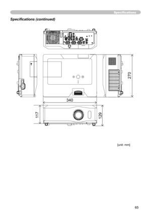 Page 65
65

Specifications
Specifications (continued)
[unit: mm]
340
12911
7
270
BATTERY 