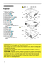 Page 4
4

Part names
Part names
Projector
(1)  Lamp cover (54) 
The lamp unit is inside.
(2) Focus ring (18)
(3) Zoom ring (18)
(4) Control panel (5)
(5) Elevator buttons (x 2) (18)
(6) Elevator feet  (x 2) (18)
(7) Remote sensor (13)
(8) Lens (18, 58)
(9) Lens cover (3)
(10) Intake vents
(11)   Filter cover (
56) 
The air filter and intake vent are 
inside.
(12) Speaker (35)
(13) Exhaust vent
(14) AC inlet (12)
(15) Power switch (15)
(16) Rear panel (5)
(17) Security bar (12)
(18) Security slot...