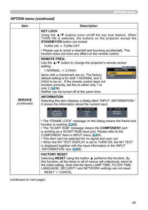 Page 45
45

OPTION menu
OPTION menu (continued)
ItemDescription
SERVICE(continued)
KEY LOCK
Using  the  ▲/▼  buttons  turns  on/off  the  key  lock  feature.  When TURN  ON  is  selected,  the  buttons  on  the  projector  except  the STANDBY/ON button are locked.
TURN ON ó TURN OFF
• Please use to avoid a mischief and touching accidentally. This function does not have any effect on the remote control.
REMOTE FREQ.
Use the ▲/▼ button to change the projector's remote sensor setting.
1:NORMAL ó 2:HIGH
Items...