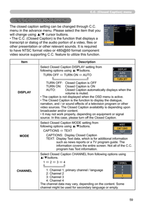 Page 59
59

C .C  . (Closed Caption) menu
The closed caption setting can be changed through C.C. 
menu in the advance menu. Please select the item that you 
will change using ▲/▼ cursor buttons.
• The C.C. (Closed Caption) is the function that displays a 
transcript or dialog of the audio portion of a video, files or 
other presentation or other relevant sounds. It is required 
to have NTSC format video or 480i@60 format component 
video source supporting C.C. feature to utilize this function.
C.C. (Closed...