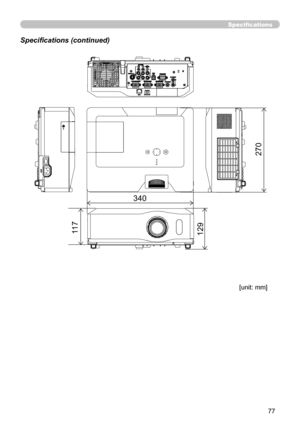 Page 77
77

Specifications
Specifications (continued)
[unit: mm]
340
12911
7
270 