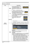 Page 58
58

MIU menu
MIU menu (continued)
ItemDescription
SETUP(continued)
MODE
Use the ▲/▼ buttons to select the mode of the network communication system. Select it according to the setting of your PC.
ADHOC ó INFRASTRUCTURE
CH
Use the ▲/▼ buttons to select the channel of the wireless LAN while using it. Select it according to the setting of your PC.The channels 1 to 11 are available.
• The available channels would be various depending on a country. In addition, wireless network card might be required due to...