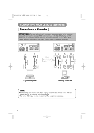 Page 1110
#
AUDIO IN
COMPONENT   VIIDEO R         L / (MONO)  VIDEO IN
C
R / RR                    CB / PB                          Y K
S-VIDEO IN
USB
1                  RGB   IN                    2
RGB   OUT                                  CONTROL
##
AUDIO INAUDIO cable RGB cable
AUDIO OUT RGB INAnalogue 
RGB OUT
Laptop computer
#%$
AUDIO IN
COMPONENT   VIIDEO R         L / (MONO)  VIDEO IN
C
R / RR                    CB / PB                          Y K
S-VIDEO IN
USB
1                  RGB   IN...