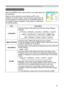 Page 33
33

Multifunctional settings
SCREEN Menu
ItemDescription
LANGUAGE
Using the buttons ▲/▼ switches the OSD (On Screen Display) language.
ENGLISH  FRANÇAIS  DEUTSCH  ESPAÑOL  ITALIANO
NORSK  NEDERLANDS  PORTUGUÊS              
         SVENSKA                SUOMI  POLSKI
MENU POSITIONUsing the buttons ◄/►/▲/▼ adjusts the menu position.
To quit the operation, press the MENU button on the remote control 
or keep no operation for 10 seconds.
OSD BRIGHT Using the buttons ▲/▼ switches the...