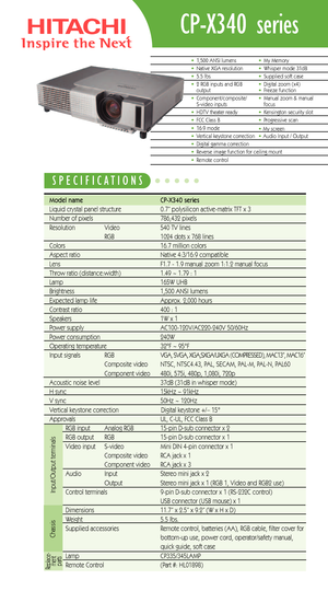 Page 1CPX340 series
Model name   CPX340 seriesLiquid crystal panel structure   0.7” polysilicon activematrix TFT x 3
Number of pixels  786,432 pixels 
Resolution  Video 540 TV lines
RGB 1024 dots x 768 lines
Colors 16.7 million colors
Aspect ratio Native 4:3/16:9 compatible
Lens  F1.7  1.9 manual zoom 1:1.2 manual focus
Throw ratio (distance:width) 1.49 ~ 1.79 : 1 
Lamp 165W UHB Brightness 1,500 ANSI lumens
Expected lamp lifeApprox. 2,000 hours 
Contrast ratio  400 : 1
Speakers  1W x 1
Power supply...