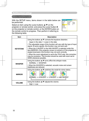 Page 32
32

Multifunctional settings
SETUP Menu
ItemDescription
KEYSTONE
Using the buttons ▲/▼ corrects the keystone distortion.
Upper in the data  Lower in the data
•  The adjustable range of this function will vary with the type of input 
signal. At some signals, this function may not work well.
• When the V:INVERT or the H&V:INVERT is selected under the item MIRROR, if the projector screen is inclined or if the projector is 
angled downward, this function may not work correctly.
• When the zoom adjustment...