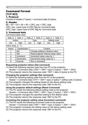 Page 10
0

Command Control via the Network (continued)
Command Format
[TCP #23]
1. Protocol
Consist of header (7 bytes) + command data (6 bytes)
2. Header
BE + EF + 03 + 06 + 00 + CRC_low + CRC_high
CRC_low: Lower byte of CRC flag for command data
CRC_high: Upper byte of CRC flag for command data
3. Command data
Command data chart
byte_0byte_byte_2byte_3byte_4byte_5
ActionTypeSetting code
lowhighlowhighlowhigh
Action (byte_0 - )
ActionClassificationContent
SetChange setting to desired...