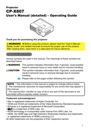 Page 1

Projector
CP-X807
User's Manual (detailed) – Operating Guide
Thank you for purchasing this projector.
►Before using this product, please read the "User's Manual -  
Safety Guide" and related manuals to ensure the proper use of this product.  
After reading them, store them in a safe place for future reference.
WARNING
• The information in this manual is subject to change without notice.
• The manufacturer assumes no responsibility for any errors that may appear in 
this manual.
•...