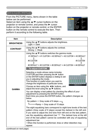 Page 27
7

PICTURE Menu
PICTURE Menu
From the PICTURE menu, items shown in the table 
below can be performed. 
Select an item using the ▲/▼ cursor buttons on the 
projector or remote control, and press the ► cursor 
button on the projector or remote control, or the ENTER 
button on the remote control to execute the item. Then 
perform it according to the following table.
ItemDescription
BRIGHTNESSUsing the ▲/▼ buttons adjusts the brightness.Light ó Dark
CONTRASTUsing the ▲/▼ buttons adjusts the...
