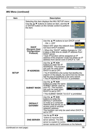 Page 59
59

MIU Menu
MIU Menu (continued)
ItemDescription
SETUP
Selecting this item displays the MIU SETUP menu.
Use the ▲/▼ buttons to select an item, and the ► or ENTER button on the remote control to perform the item.
DHCP (Dynamic Host Configuration Protocol)
Use the ▲/▼ buttons to turn DHCP on/off.
ON ó OFF
Select OFF when the network does  not have DHCP enabled.
• When the “DHCP” setting changes to “ON”, it takes a little time to obtain IP address from DHCP server.• Auto IP function will be assigned an IP...