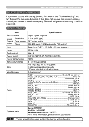 Page 77
77

Warranty and after-ser vice / Specifications
Warranty and after-service
If a problem occurs with the equipment, first refer to the “Troubleshooting” and 
run through the suggested checks. If this does not resolve the problem, please 
contact your dealer or service company. They will tell you what warranty condition 
is applied.
Specifications
• These specifications are subject to change without notice.NOTE
ItemSpecifications
Product nameLiquid crystal projector
Liquid
Crystal
Panel
Panel size2.0cm...
