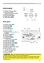 Page 5
5

Part names
Control panel
(1) STANDBY/ON button (17)(2)  MENU button (24) It consists of four cursor buttons.(3) INPUT button (18)(4) POWER indicator (17)(5) TEMP indicator (72)(6) LAMP indicator (72)
Rear panel
(1) Shutdown switch (74)(2) Security slot (9)(3) Security bar (9)(4) AC inlet (13)(5) Power switch (17)
(6) RGB1 port (10)(7)  RGB2(G/Y, B/CB/PB, R/CR/PR, H, V) port (10)(8) CONTROL port (10)(9) HDMI port (10)
(10) VIDEO port (10)(11) S-VIDEO port (10)(12)   COMPONENT (Y,...