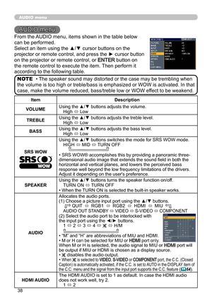 Page 3838
AUDIO menu
ItemDescription
VOLUME Using the ▲/▼ buttons adjusts the volume.
High  ó Low
TREBLE Using the ▲/▼ buttons adjusts the treble level.
High  ó Low
BASS Using the ▲/▼ buttons adjusts the bass level.
 
High  ó Low
SRS WOW Using the ▲/▼ buttons switches the mode for SRS WOW mode. 
HIGH  ó MID 
ó TURN OFF
    
• SRS WOW ® accomplishes this by providing a panoramic three-
dimensional audio image that extends the sound field in both the 
horizontal and vertical planes, and lowers the perceived bass...