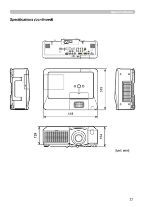 Page 7777
Specifications
Specifications (continued)
[unit: mm]
418
319
154 139
AC IN
I   O
LAN
VIDEO
CONTROL
AUDIO IN1
AUDIO IN2
AUDIO OUT
RGB
 OUTRGB1
RGB2
HDMI
 R             L      R           L
     AUDIO IN3        AUDIO IN4
CB/PBY CR/PRB/CB/PBR/CR/PRG/Y
HVUSBREMOTE 
CONTROL
   
S-VIDEO
  AUX I/O
DC 5V 0.5ASD CARD 